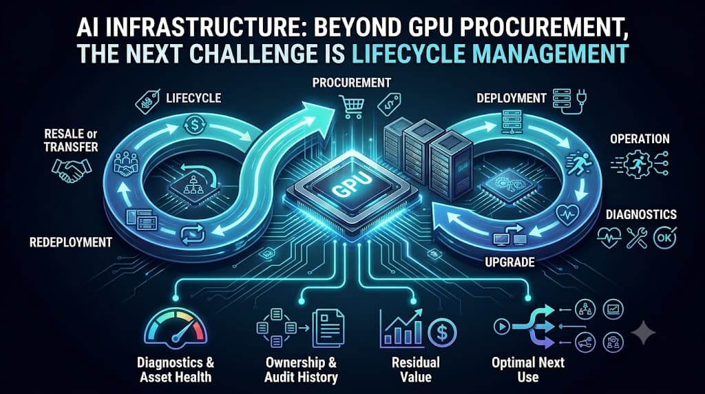 GPU server with a circular AI infrastructure lifecycle diagram covering procurement, deployment, operation, diagnostics, upgrade, redeployment and resale or transfer, alongside diagnostics and asset health, ownership and audit history, residual value and optimal next use