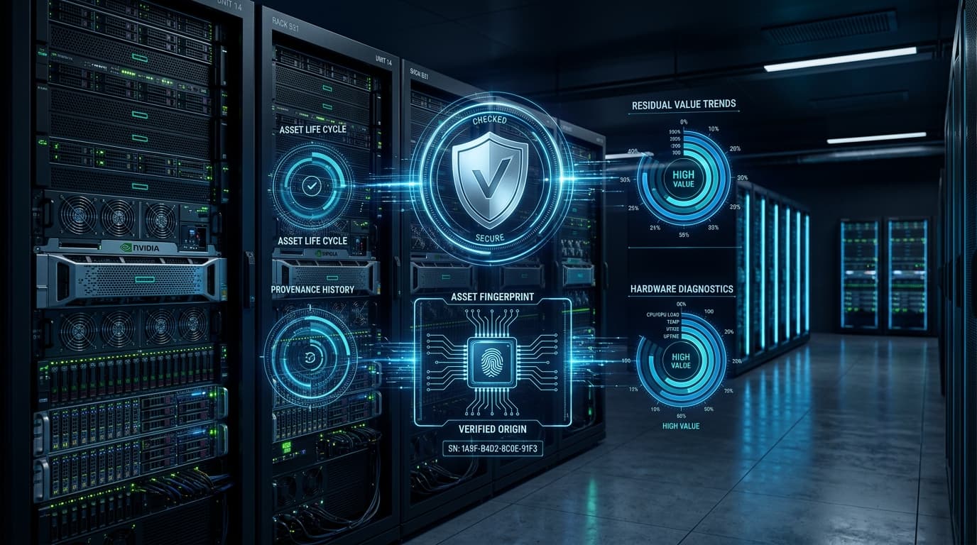 Enterprise server racks and GPU compute clusters with digital verification overlay: biometric asset fingerprint, diagnostic health telemetry, auditable provenance shield, and residual value trend graphs