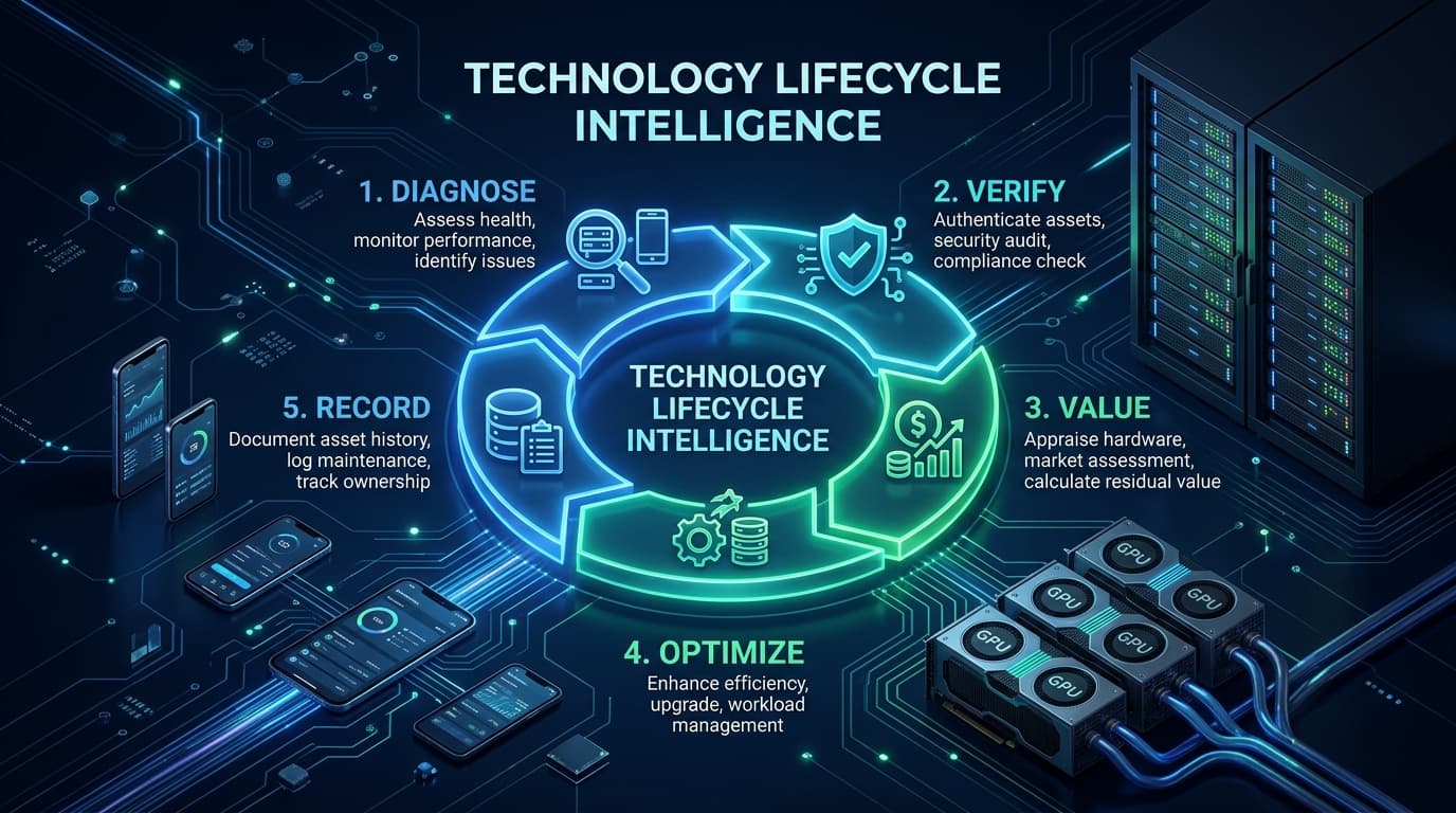 Technology Lifecycle Intelligence framework diagram illustrating circular asset stages: Diagnose, Verify, Value, Optimize, and Record across enterprise servers, GPUs, and smartphones