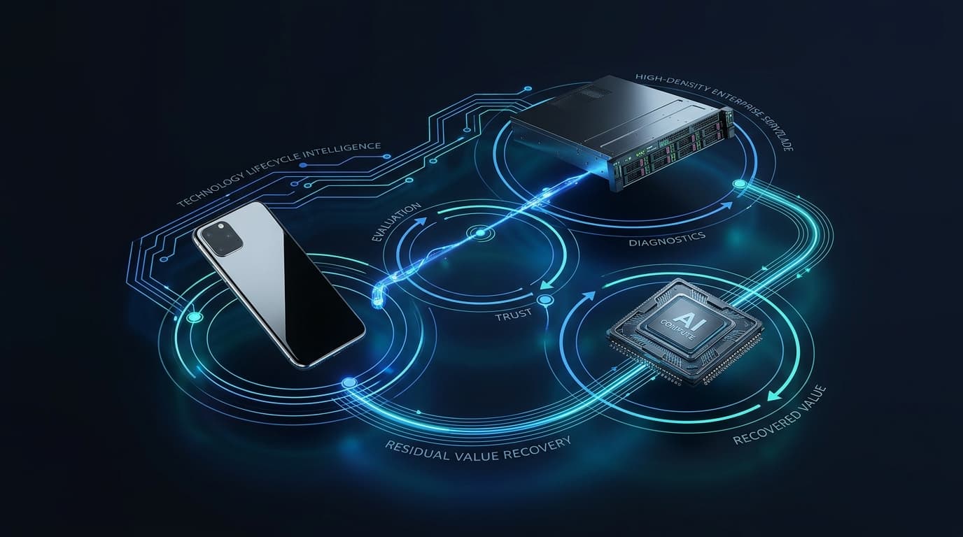 Technology Lifecycle Intelligence diagram illustrating residual value recovery across smartphones, enterprise servers, and AI compute GPUs