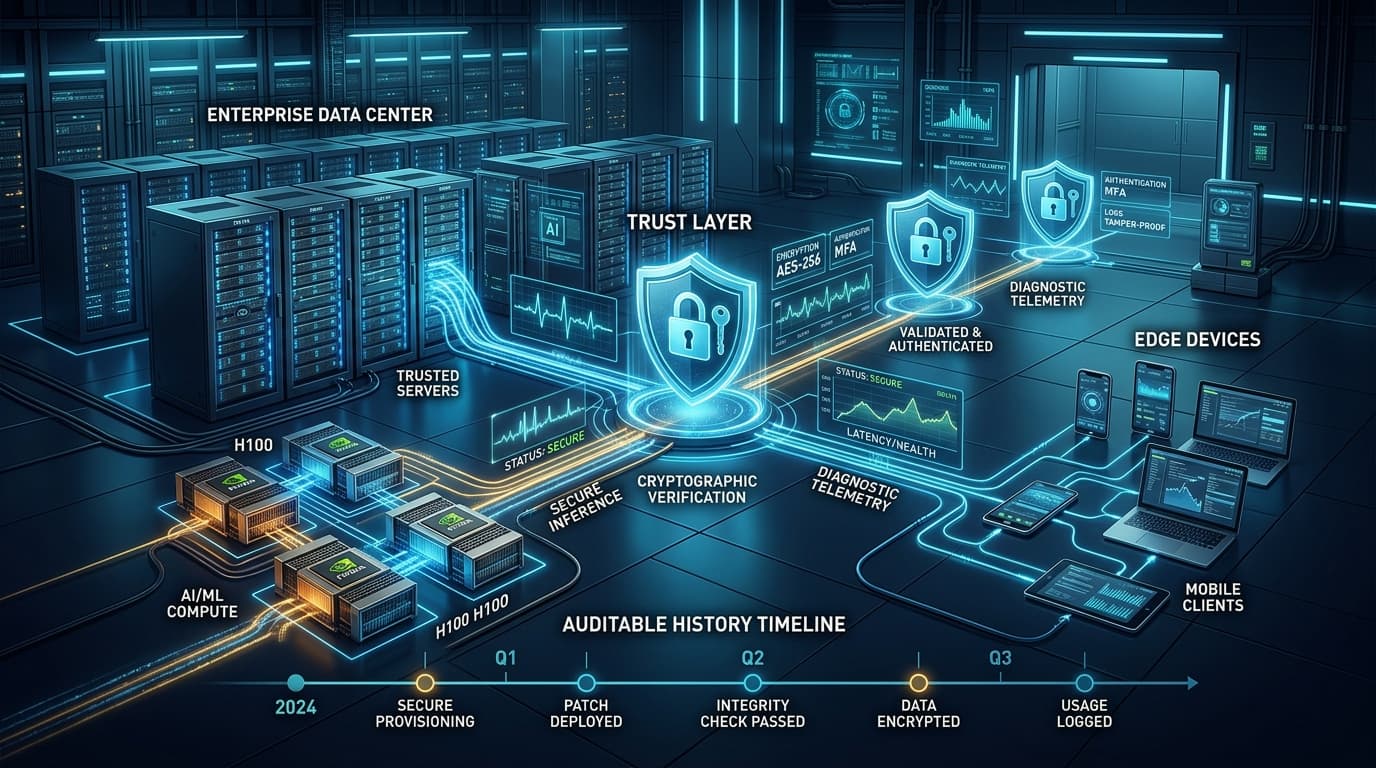 The Trust Layer of the Technology Lifecycle — Enterprise data center servers, AI GPUs, and mobile devices connected with cryptographic verification shields, diagnostic telemetry, and auditable history timelines